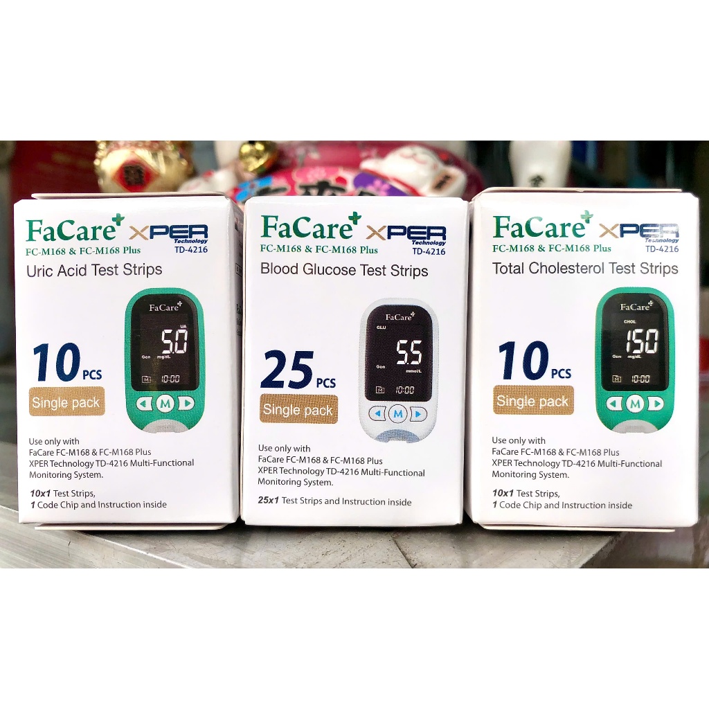 (Dạng Tép) Que thử Đường huyết, Axit Uric, Mỡ máu Cholesterol FaCare+ dùng cho máy FaCare+ FC-M168 (TD-4216)