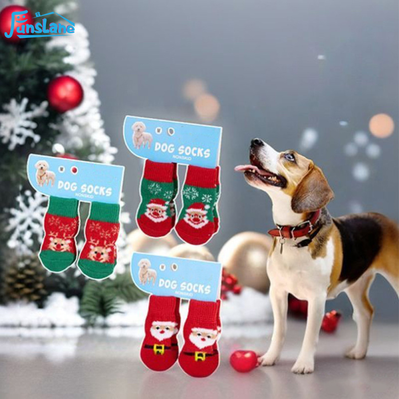 FunsLane Christmas Dog Socks 4 Pieces, Anti-Slip Dog Shoes Booties For Cold Pavement, Prevent Licking, Warm Socks Pet Paw Protector For Small Dogs ราคา 44 บาท*ส่งฟรี