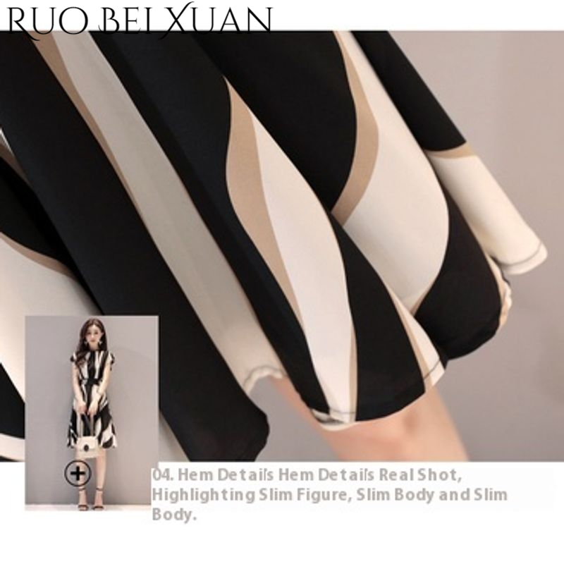 Ruo Bei Xuan Mid-Length Dress Short Sleeve Striped Dress Summer New Women's Slim Fit Elegant Big Hem Floral A- line ราคา 79 บาท*ส่งฟรี
