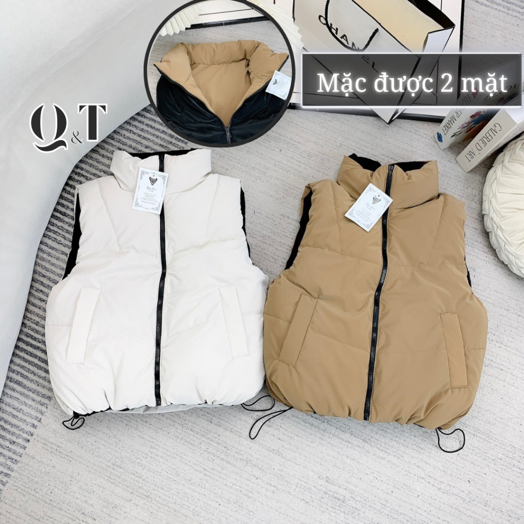 Áo phao gile nữ mùa đông COZY DUAL Dáng croptop mặc 2 mặt Vải nhung lì lông vũ ấm áp Size 42-56kg