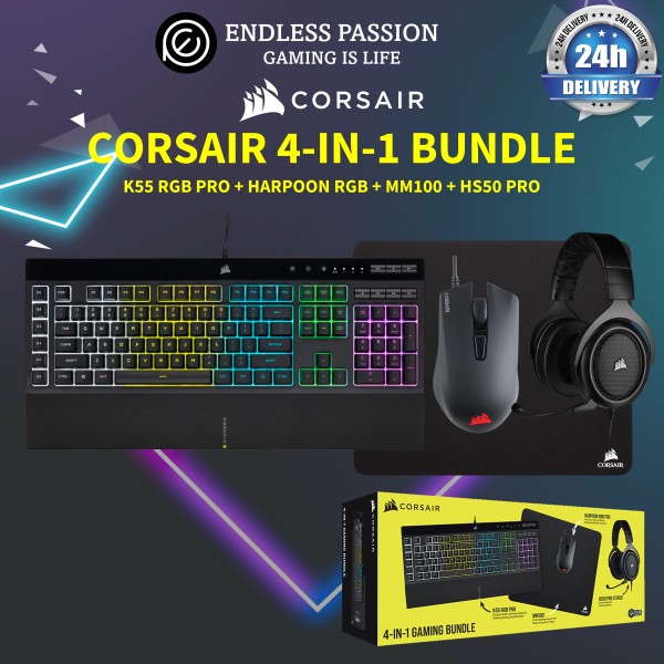 Corsair 4-in-1 Gaming Bundle - 2021 Edition (K55 RGB Pro Keyboard + MM100 + Harpoon RGB + HS50 Pro) Singapore
