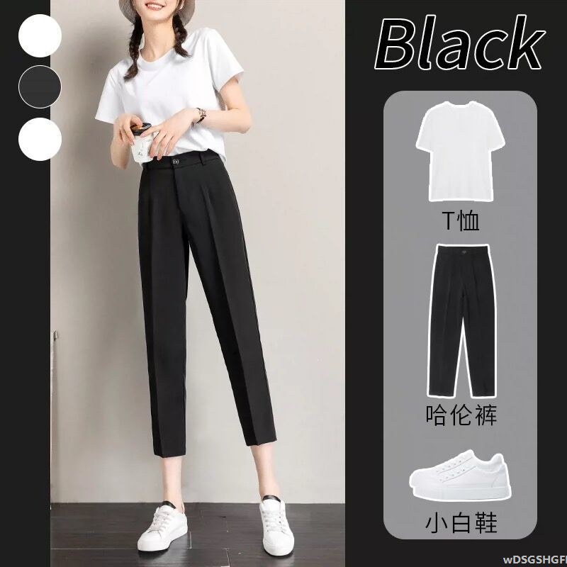 Quần tây Quần Harun quần xếp nếp mỏng quần giản dị thẳng tám điểm màu đen cạp cao mới Quần âu nữ xuân thu s5663