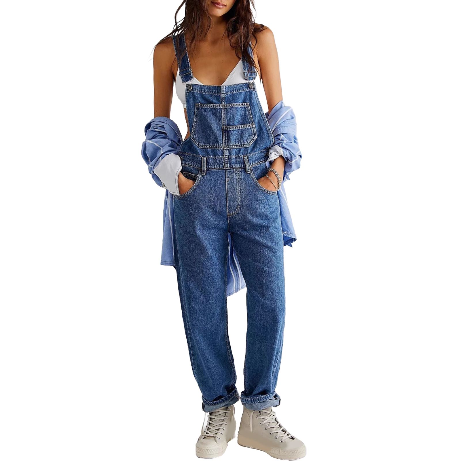 Piaoguaive Button-up Jumpsuit Adjustable Strap Jumpsuit Women's Denim Jumpsuit with Adjustable Straps and Cargo Pockets Perfect for Street Style and Travel Adventures