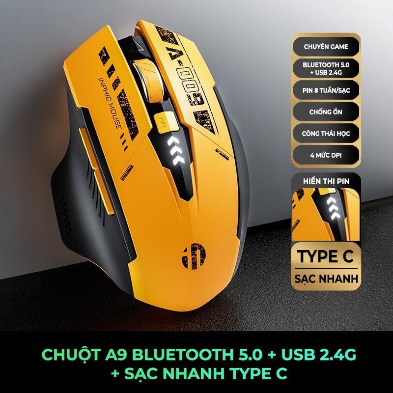 Chuột không dây inphic a9 a1 f9 3 mode pin sạc độ nhạy 800-2400dpi chơi game + văn phòng