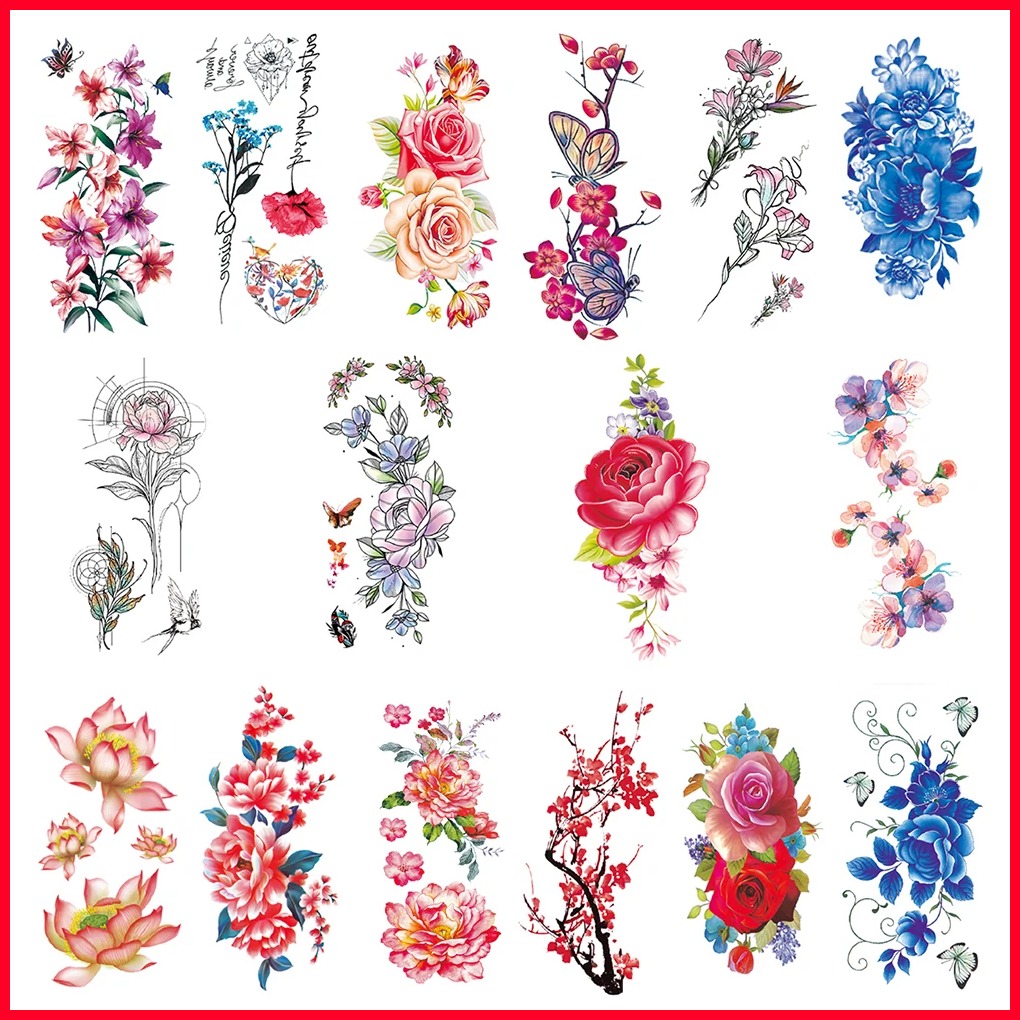 【HOT SUMNMGFWF 999】 16Pcs/Set,Waterproof Temporary Fake Tattoos Sticker,Water Transfer Decals,Colored Flowers Body Art Women,Girl,Beauty Sexy Makeup