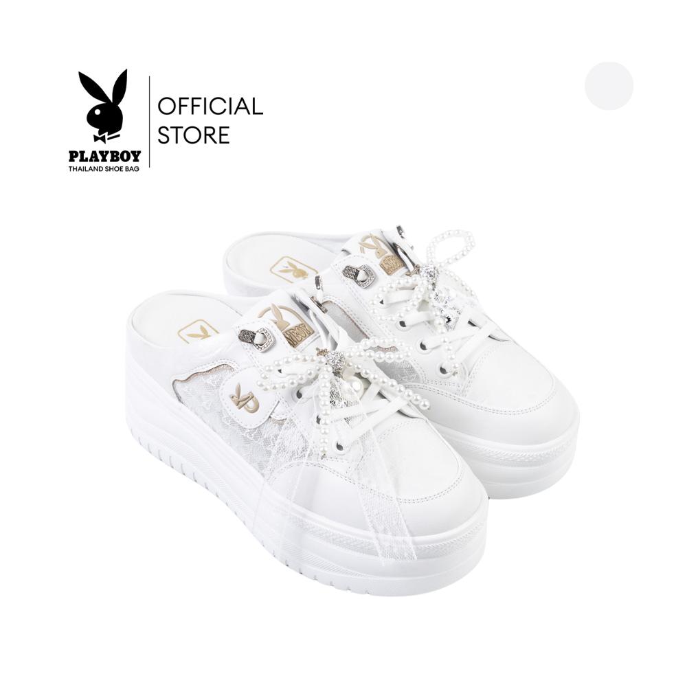Playboy Model Bow Hop Mule Sneakers, Open-Heel Sneakers. Code: St-H254C1231-Wh, See-Through Design on the Side, Decorated with Pearl Ribbon Parts in Pearl White Color. ราคา 2,272 บาท*ส่งฟรี