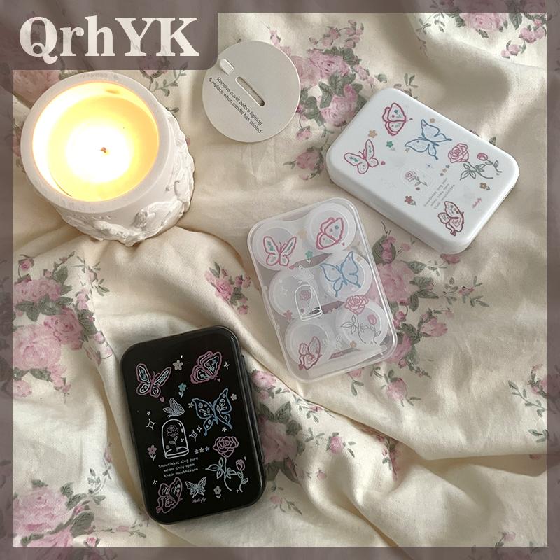 QrhYK 3 cặp ngọt ngào bướm liên hệ với ống kính chăm sóc hộp xách tay liên hệ với ống kính lưu trữ trường hợp cô gái vẻ đẹp học sinh container du lịch Kit