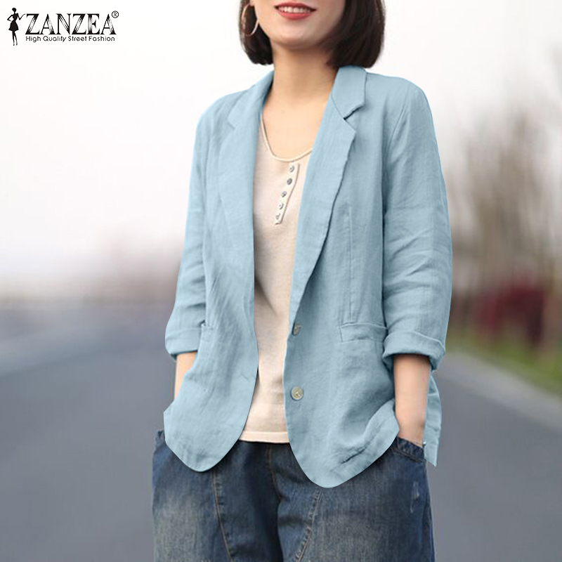 ZANZEA Vintage Cotton Linen Blazer Suit, Long Sleeve Coat