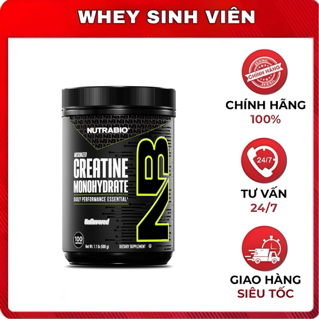 Bột tăng sức mạnh NutraBio Micronized Creatine (Không vị) tiêu chuẩn dược phẩm, hỗ trợ gym - Whey sinh vien