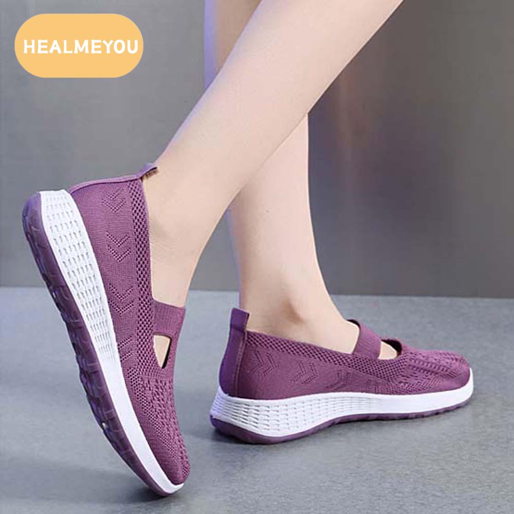 HEALMEYOU ลื่นบนแบน รองเท้าของแม่ รองเท้ากีฬารองเท้า ระบายอากาศได้ระบายอากาศ รองเท้าตาข่ายสตรี สะดวกสบายสบายๆ กันลื่น รองเท้าเดียวลำลอง ใบไม้ผลิใบไม้ร่วง ราคา 317 บาท*ส่งฟรี