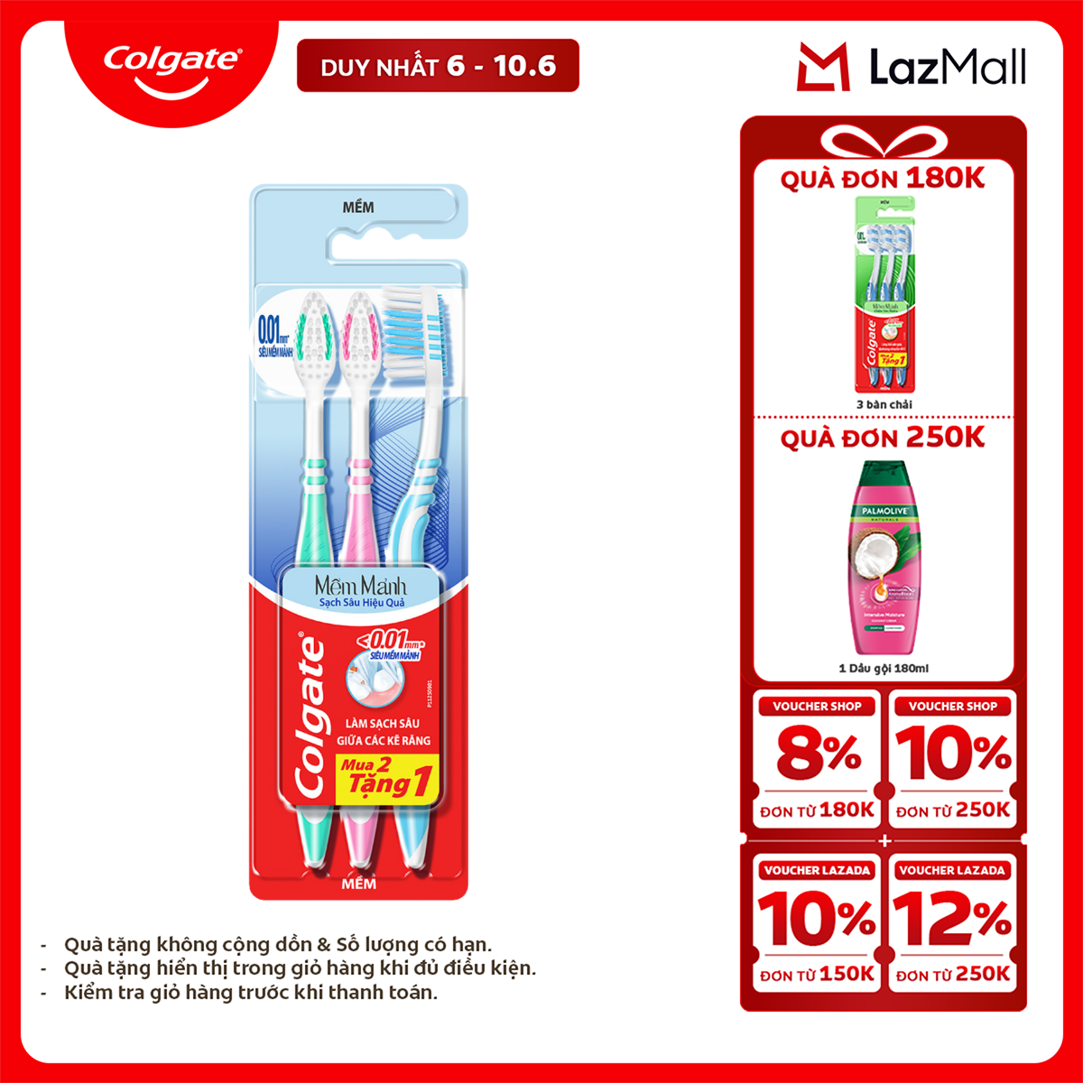 [Chỉ 6-10.6_X2 Voucher giảm 22%] Bàn chải đánh răng Colgate SlimSoft Deep Clean sạch sâu hiệu quả