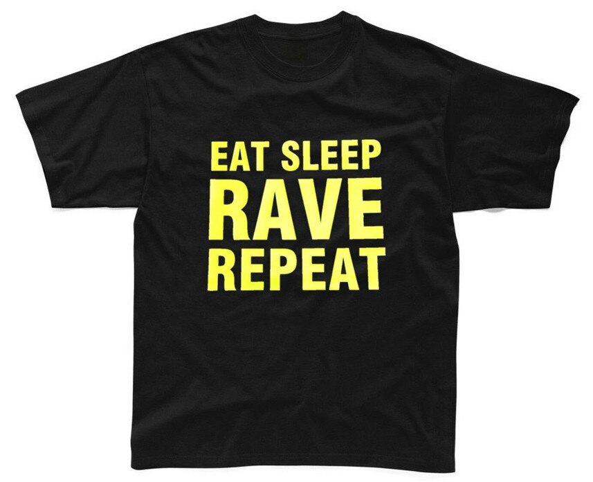 NEON EAT SLEEP RAVE REPEAT Mens Black T-Shirt Printed Techno 80s 90s Street Tee Tshirt