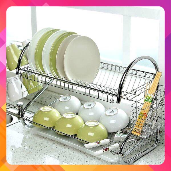 Kệ úp chén bát 2 tầng inox có khay hứng nước