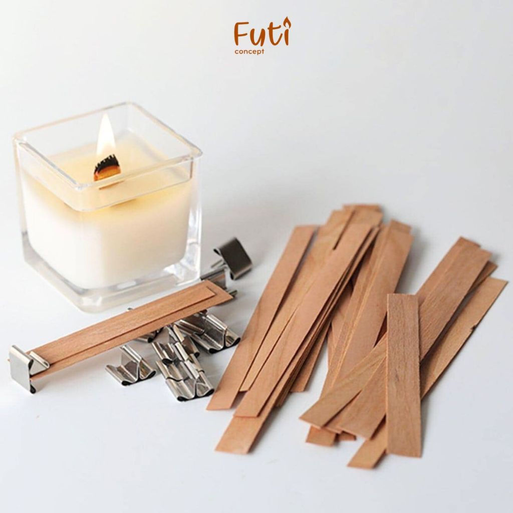 Combo 5 bấc nến gỗ kèm đế, phụ kiện làm nến thơm handmade