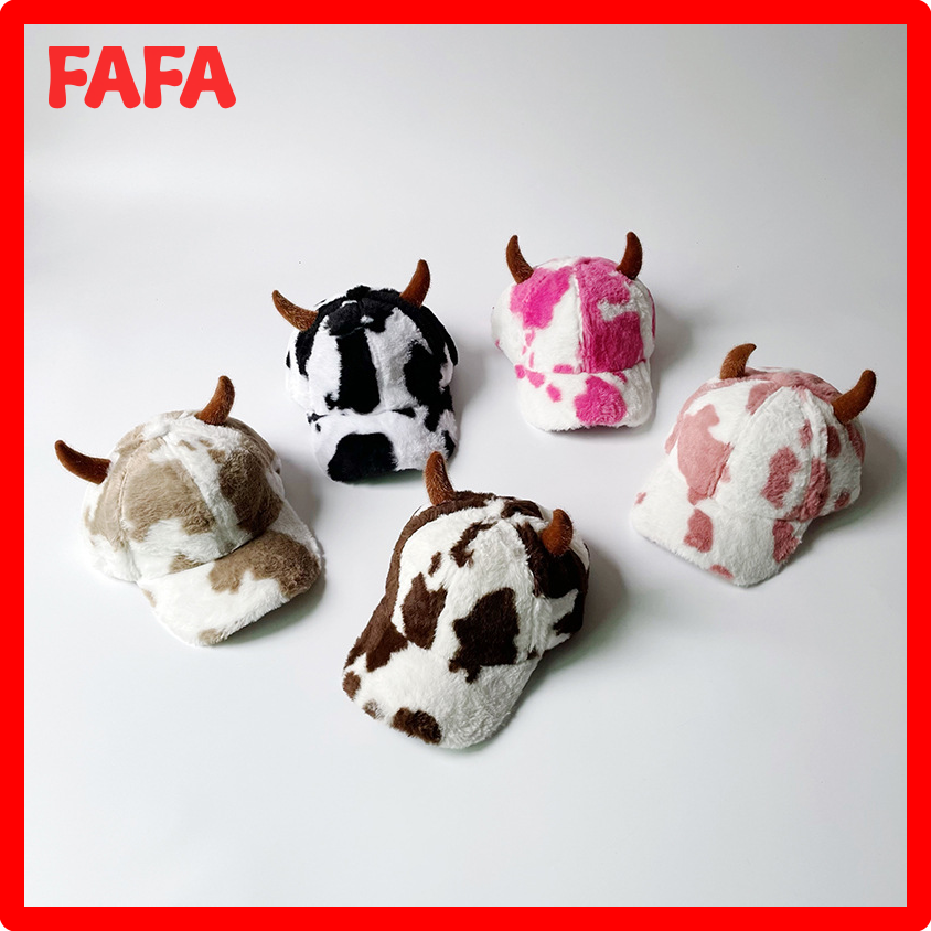 [FAFA]◀▶ Chapeau en peluche en forme de cornes de bœuf, casquette de baseball, optique, chaud, mignon, vache à lait, étudiant, drôle, hiver