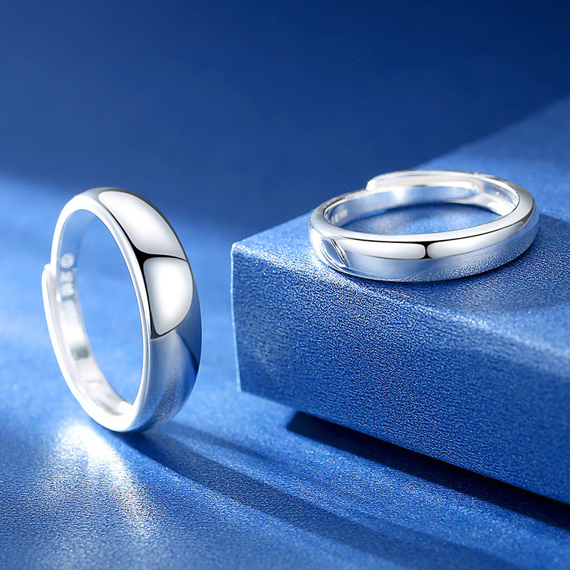 Elegant 2PCS S999 Sterling Silver Glossy Couple Rings Size Adjustable Matching Wedding Promise Ring Set for Him and Her ราคา 985 บาท*ส่งฟรี