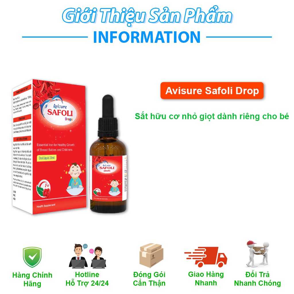Siro Avisure Safoli Drops 20ml - Sắt hữu cơ cho bé, bổ sung sắt, hỗ trợ giảm tình trạng thiếu máu, giảm mệt mỏi ở trẻ