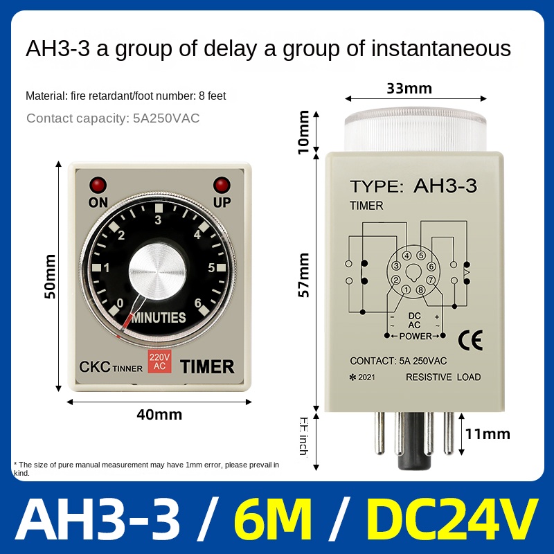 Timer Relay AH3-3-6m-dc24v | tùy chọn Rơ Le thời gian AH3-3, AH3-2 CKC, 1s-60m, AC220V/DC24V, Trễ Bật, 8 Chân, Công Nghiệp, IP50, Độ Chính Xác Cao