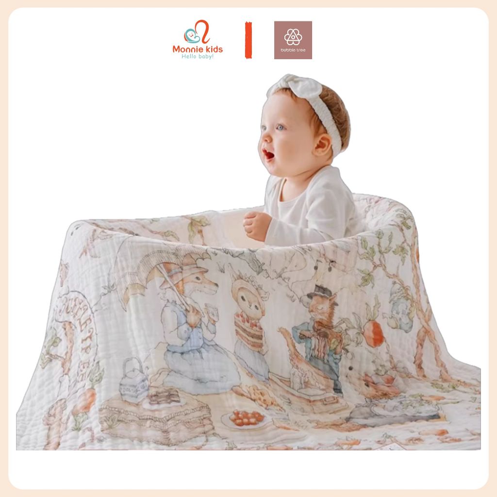 Khăn tắm 6 lớp xô muslin Bubble Tree cho bé sơ sinh 120x120cm, khăn đa năng trẻ em - Monnie Kids