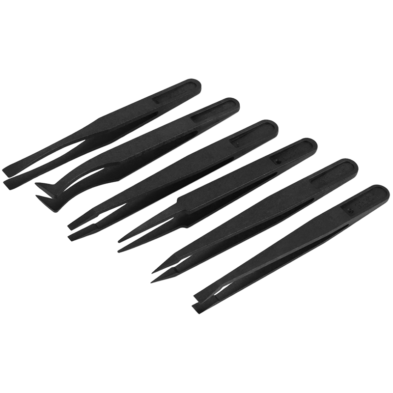 (OWER) 6PCS Precision Tweezer Set Plastic Anti Static Tool Kit Size 1/2/3/5/6/8 each one(Black)