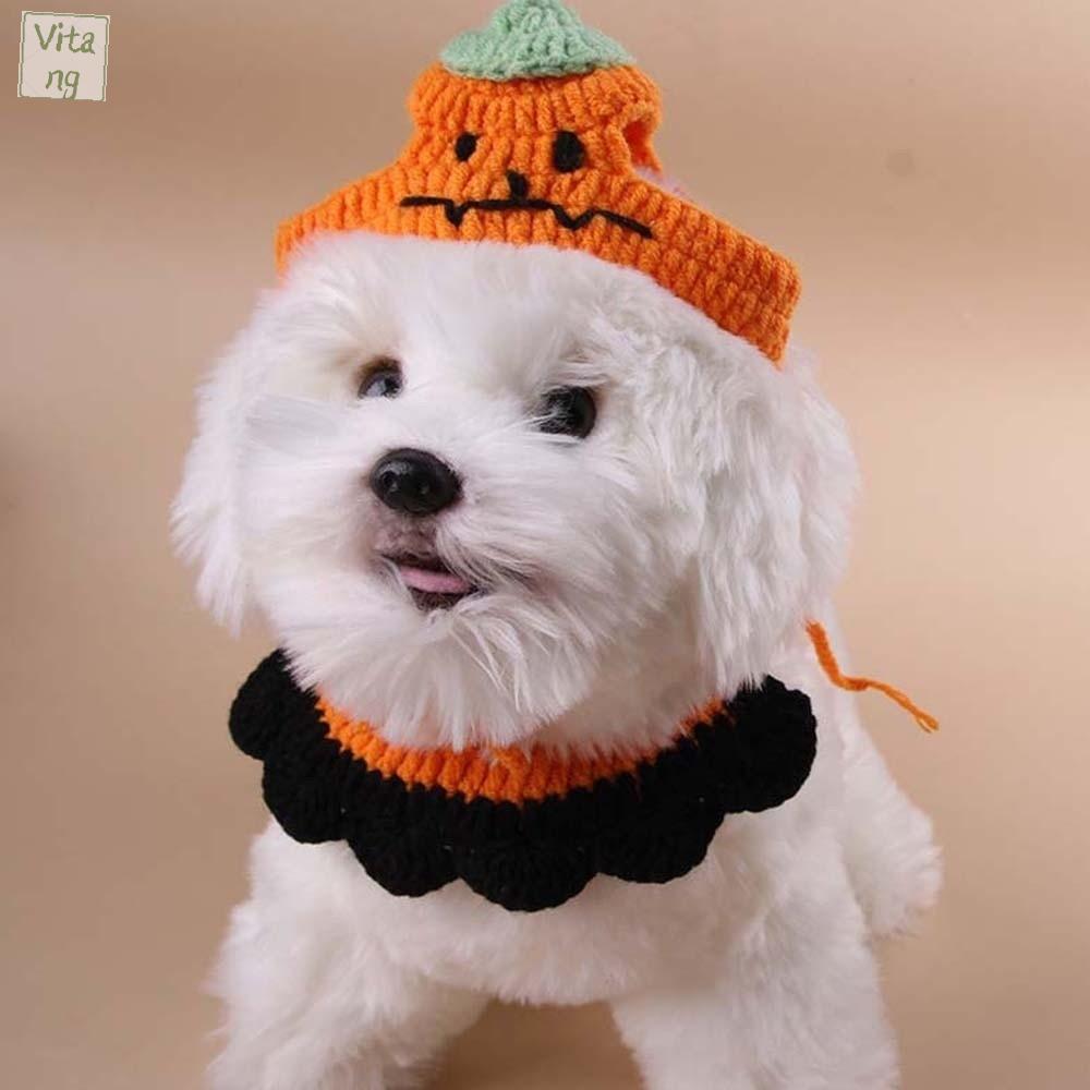 VITANG Quần áo Trang phục Halloween cho thú cưng Thoáng khí Bí ngô Mũ và yếm dệt cho mèo Áo khoác thú cưng hài hước Cà vạt Mũ đội đầu mèo Halloween Dành cho chó và thỏ
