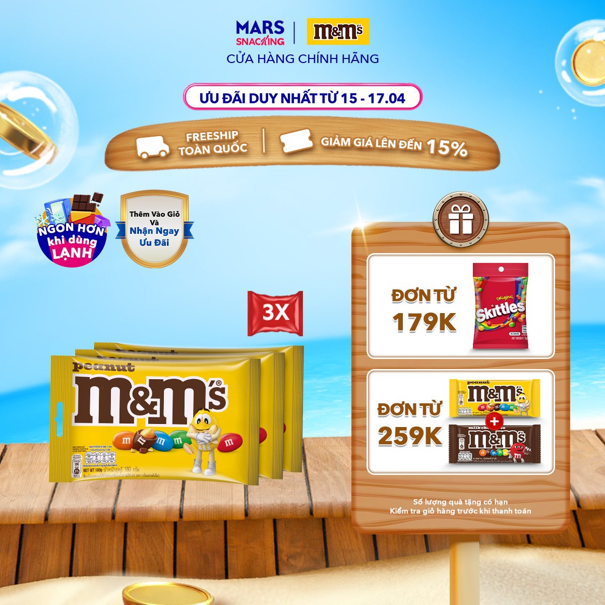 Combo 3 gói kẹo Socola sữa và đậu phộng MM 180g socola