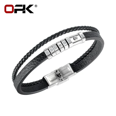 OPK Europe and America Retro Punk Multilayer Leather Bracelet Men's Stainless Steel Woven Leather Bracelet Men's Trendy Leather Bracelet Accessories