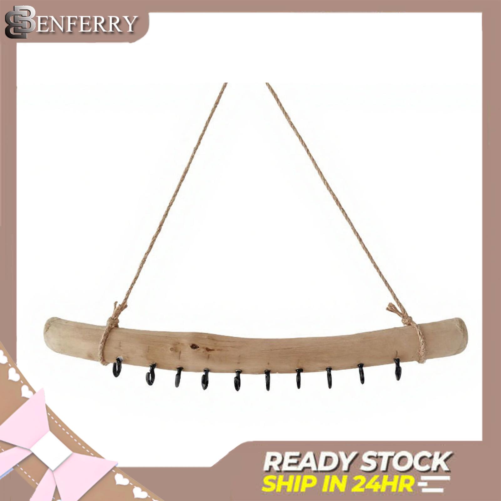 Benferry Giá xếp trang sức treo tường mộc mạc Giá treo trang sức gỗ trôi dạt tự nhiên Hộp chứa trang sức móc treo tường gỗ phóng túng với 10 móc làm thủ công sắp xếp mộc mạc cho trang sức treo và vỏ sò-cho châu Á