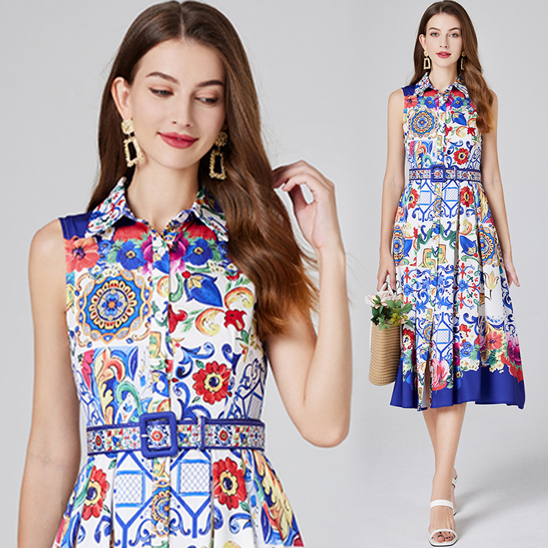 [txma] JAMERARY Office Summer Floral Midi Dress Shirt Women Sleeveless Single Breasted Blue White Porcelain Belt Long Vestidos Party ราคา  1,735 บาท*ส่งฟรี