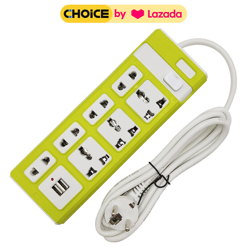 7-Socket Power Plug, 2000 W, Extension Plug, Three-Prong Plug, Extension Cord Plug, USB Power Plug, USB Charger Plug, Power Strip, Cable Length 3/5 m ราคา 48 บาท*ส่งฟรี