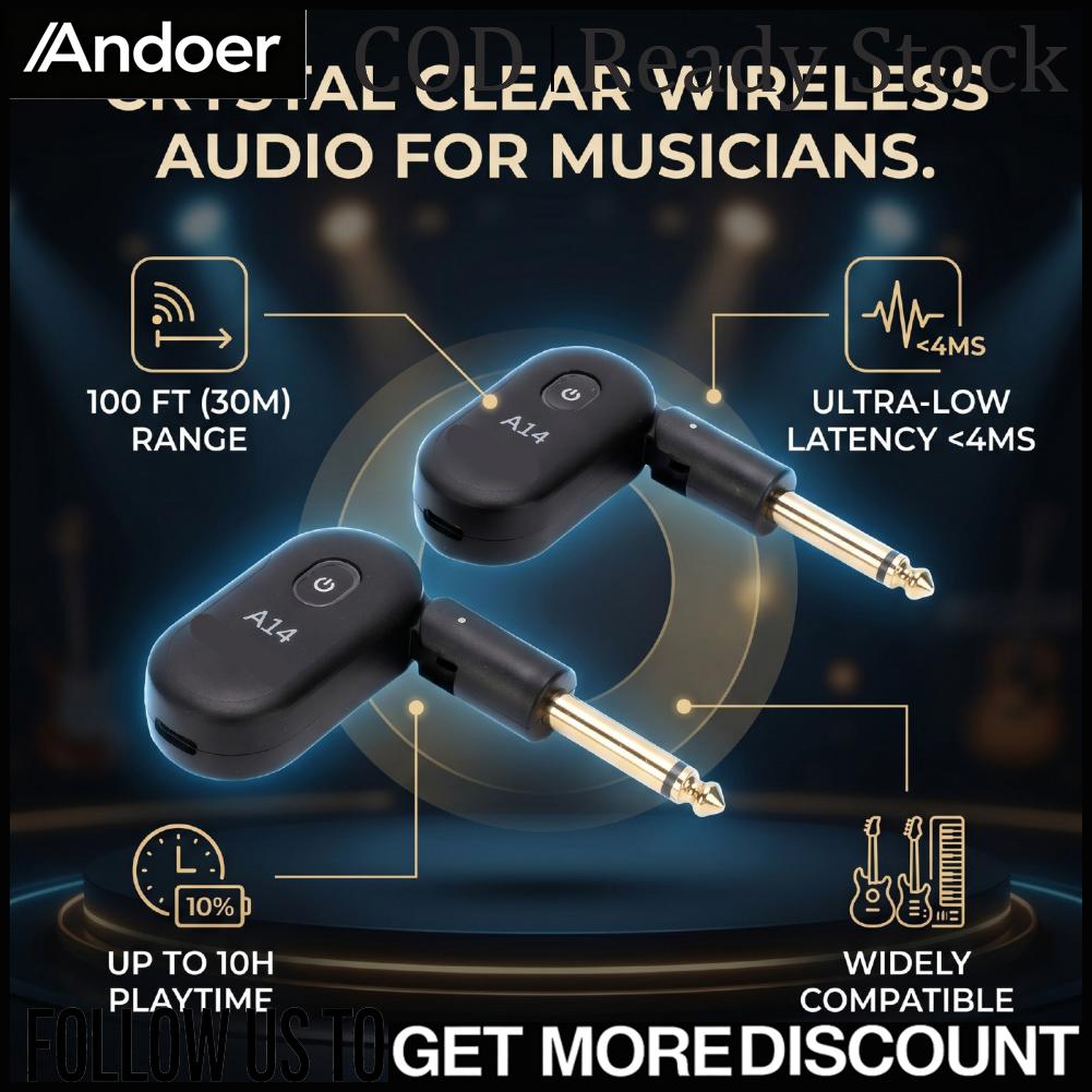 Andoer 2.4 กิกะเฮิร์ตซ์ไร้สายระบบกีตาร์ 100 ฟุตไร้สายกีตาร์รับส่งสัญญาณขนาดนิ้วหัวแม่มือหมุนได้ 90 องศาสำหรับกีตาร์เบสไวโอลินแป้นพิมพ์ ราคา 545 บาท*ส่งฟรี