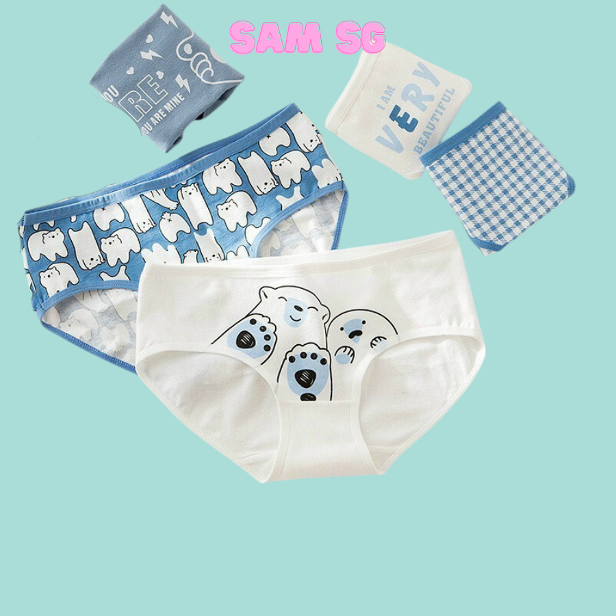 Quần lót nữ. Quần lót cotton kute hình gấu xanh dễ thương. Free size từ 45 tới 63kg.