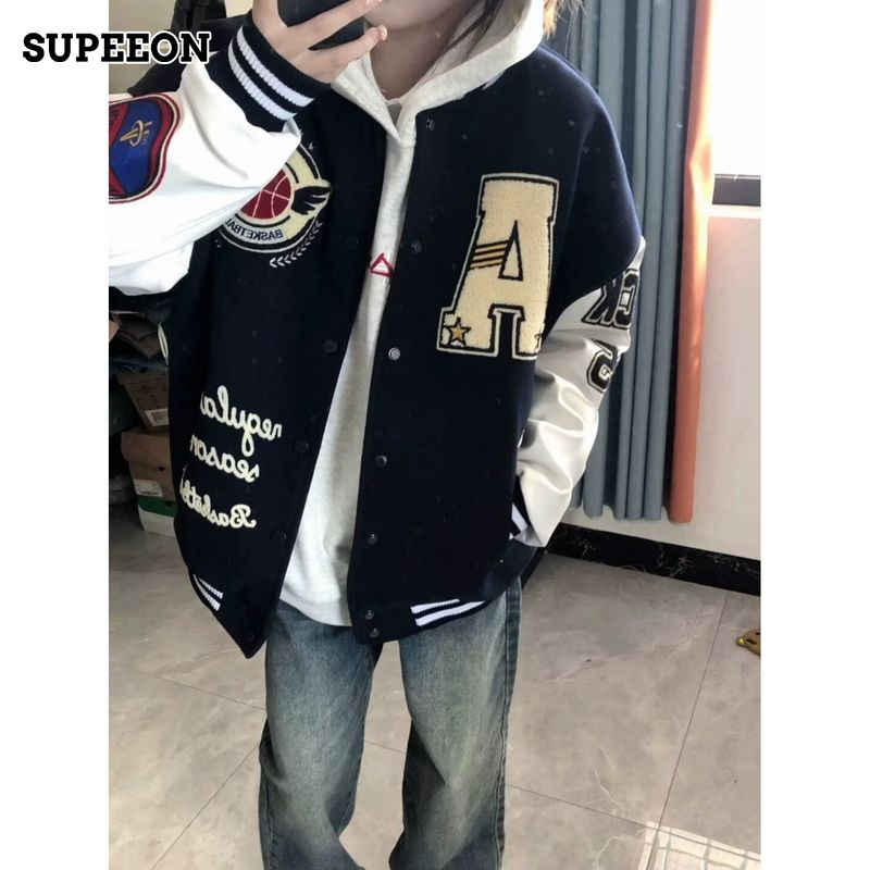 New mùa thu thời trang dạo phố áo khoác trường với bóng rổ vá thiết kế, vừa rộng hoodie phong cách cho unisex thời trang