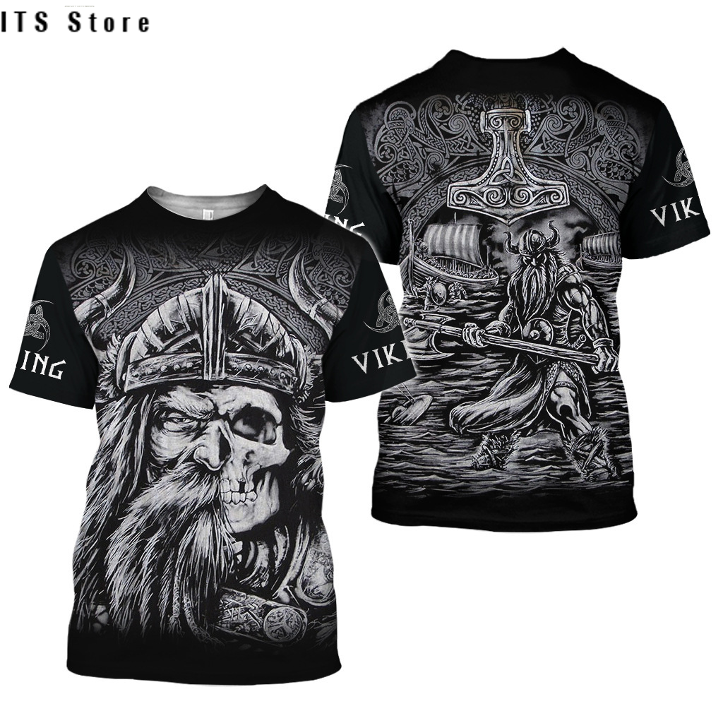 European and American large size Viking printed men's T-shirt 3dt-shirt digital printed Viking tattoo short sleeves