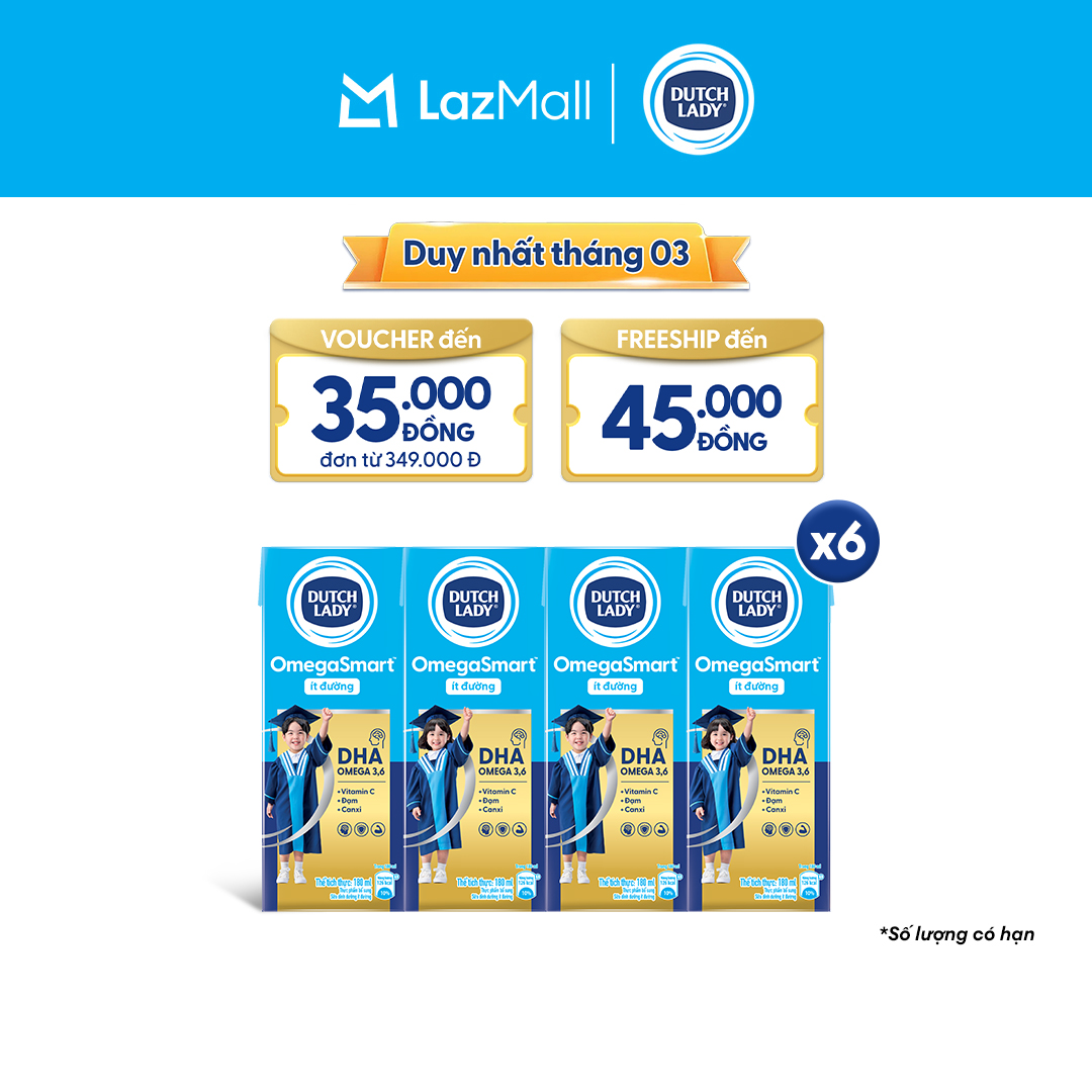 Combo 6 Lốc Hộp Sữa Dinh Dưỡng Ít Đường Dutch Lady OmegaSmart 180ml