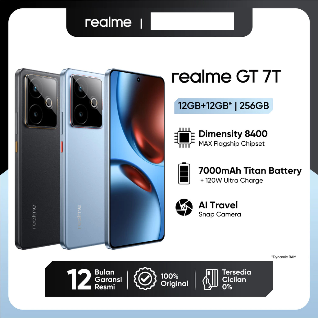 realme GT 7T 12GB+12GB*|256GB (Dimensity 8400-MAX Flagship Chipset | 7000mAh Titan Battery + 120W Harga 17,999,000 rupiah*Gratis Ongkir