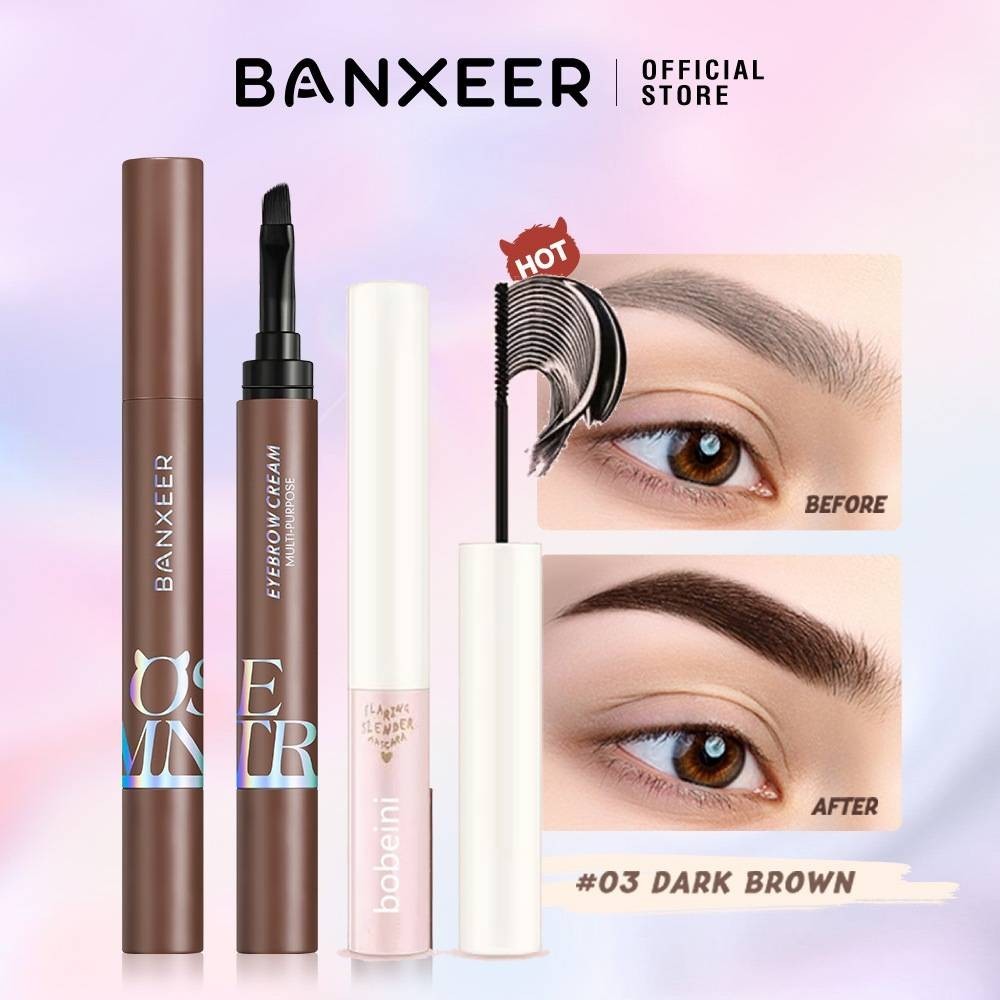 2 cái Kem lông mày Bộ trang điểm banxeer với bộ cọ, Mascara bền lâu chống nước khối lượng 36h uốn cong Smudge-Proof dài Lash dễ dàng sử dụng trang điểm mắt