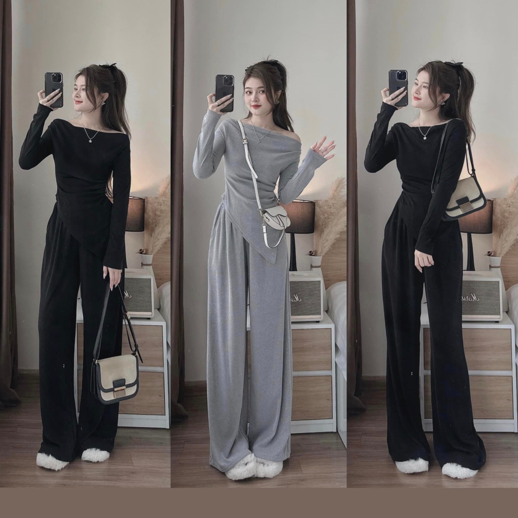 Set bộ lệch vai vạt chéo quần ống rộng len tăm đồ bộ nữ thu đông trơn