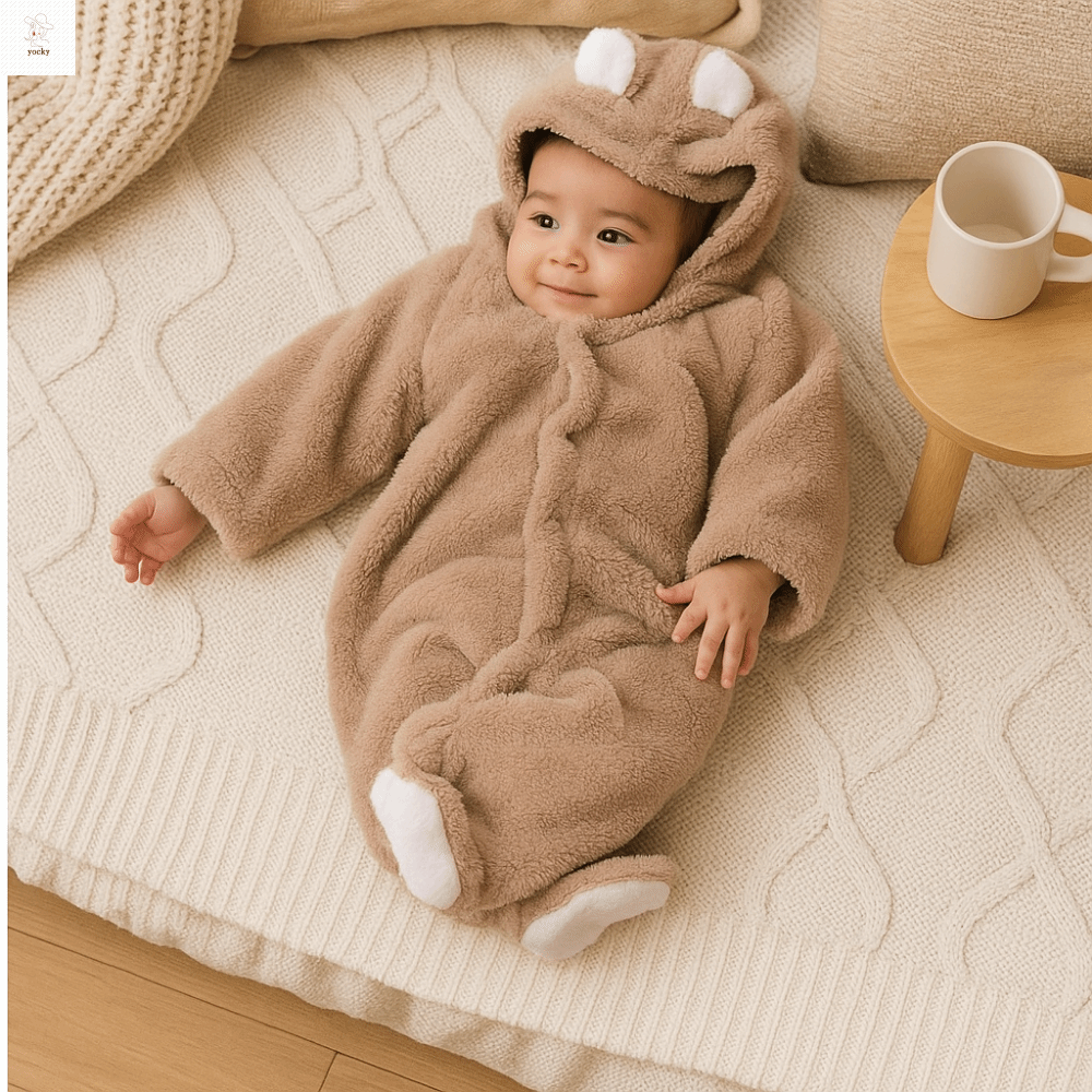 YOCKY Ấm áp Bộ đồ liền cho bé 3-6 tháng Có mũ Bộ đồ liền thân cho trẻ sơ sinh Phim hoạt hình Áo dài tay Áo liền thân cho trẻ sơ sinh Mùa thu mùa đông