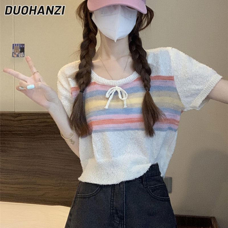 Duohanzi áo thun nữ sọc cầu vồng nơ áo ngắn tay
