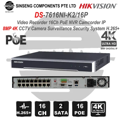 Hikvision 4K 16CH NVR Network Video Recorder with Built-In 16 PoE Ports [Model:DS-7616NI-K2/16P, Support 8MP/5MP/4MP/3MP/2MP/1MP Network IP CCTV Camera, APP:Hik-Connect/ivms-4500]