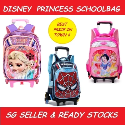 Kids Trolley School Bag Cartoon Spiderman Disney Princess Frozen Stair Climbing Wheel Elsa Anna Snow White Sleeping Beauty Beast Belle Olaf