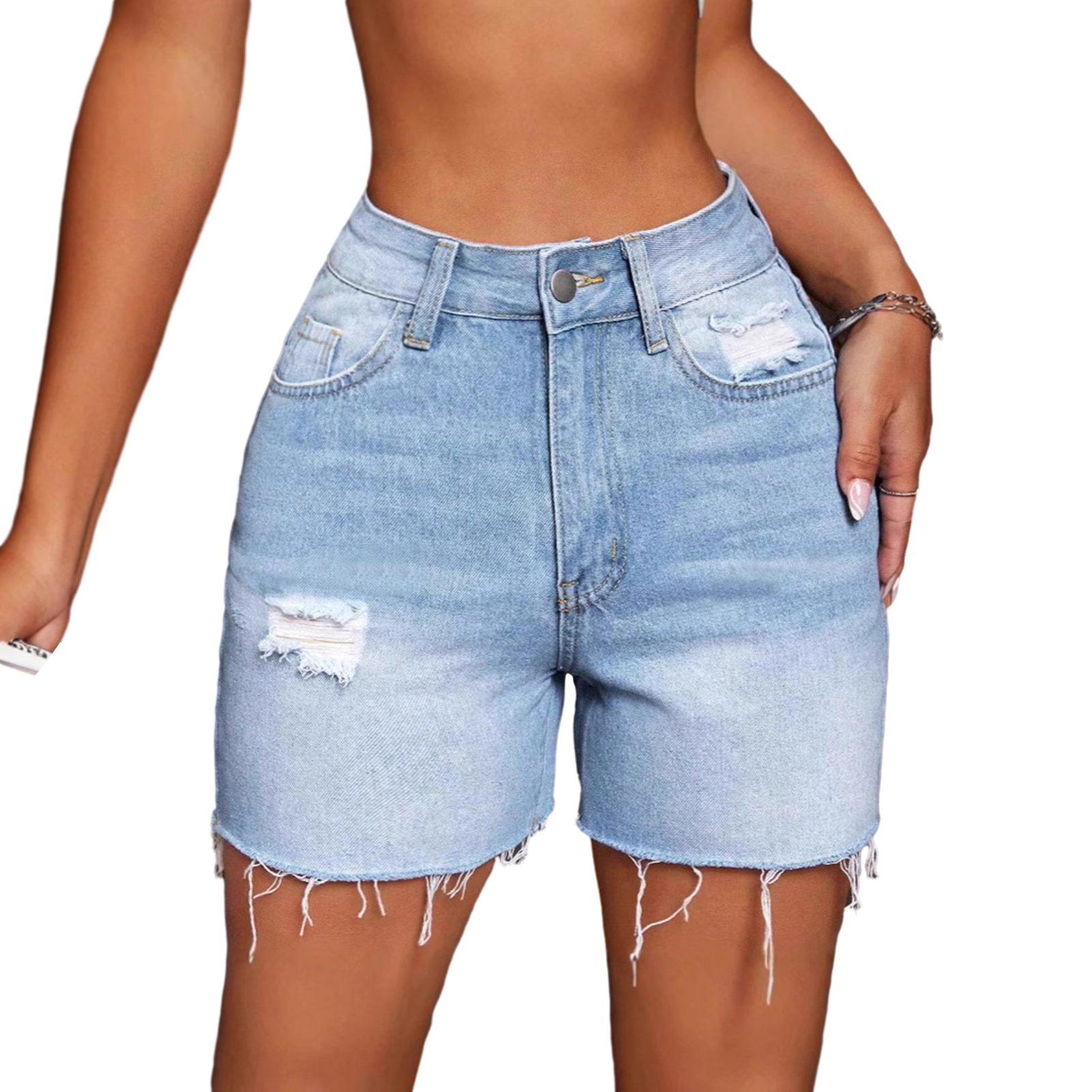 Quần short denim eo cao Thiết Kế Ripped Lỗ Phụ Nữ quần sooc chấm tròn Mùa Hè quần soóc co giãn mặc hàng ngày
