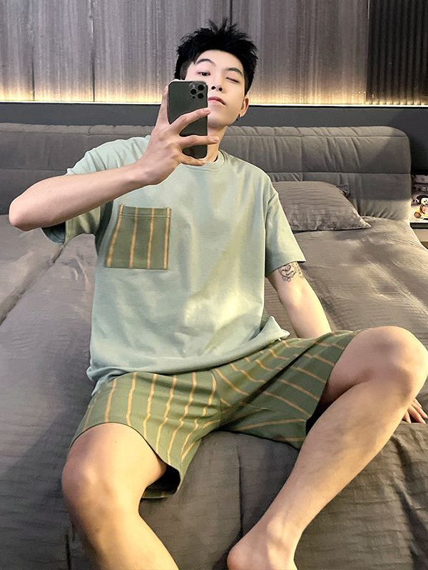1 bộ đồ ngủ cho nam phong cách Hàn Quốc Tay Ngắn Vải Cotton Sọc Áo Thun Đồ Ngủ + quần short thường ngày rộng