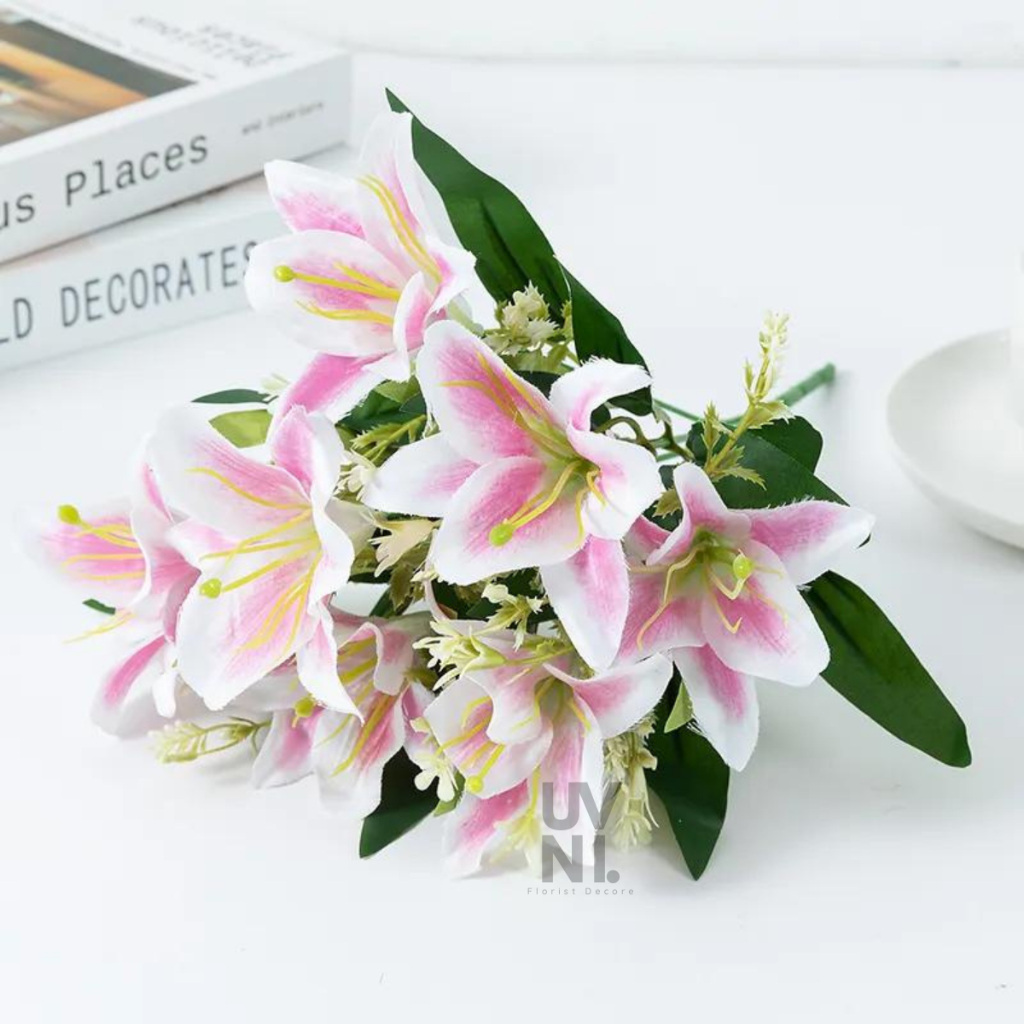 KOREAN NEW BUKET BUNGA LILY 7 CABANG ARTIFICIAL DEKORASI SESERAHAN