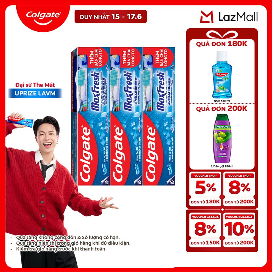 [Tặng bàn chải đánh răng lông mềm] Bộ 3 Kem đánh răng Colgate MaxFresh 225g /tuýp tặng bàn chải đánh răng lông mềm