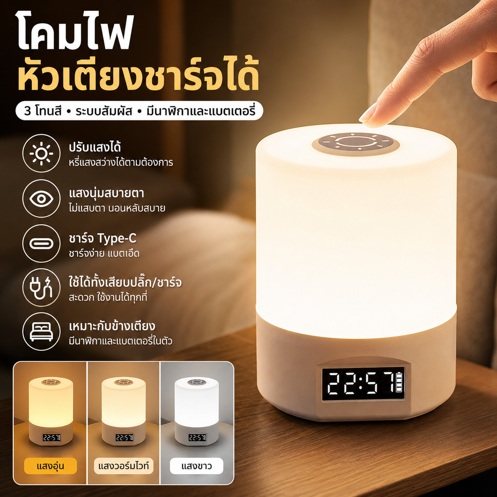 โคมไฟกลางคืนตั้งโต๊ะแบบชาร์จได้ แสง 3 สี แตะเปลี่ยนโทนสี กดค้างปรับความสว่าง เลือกได้ทั้งรุ่นปรับแสงและรุ่นนาฬิกาแสดงแบตเตอรี่ ราคา 138 บาท*ส่งฟรี