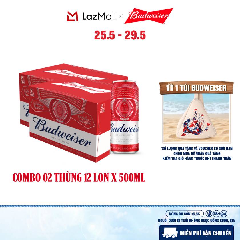 Combo 2 Thùng 12 Lon Bia Budweiser Chính Hãng (500ml/lon)