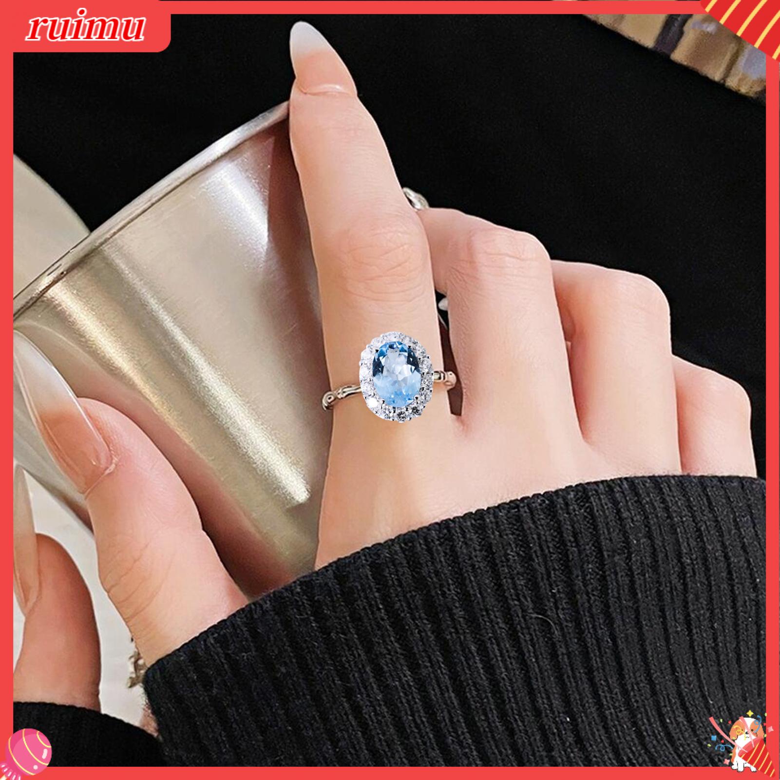 Ruimu Sáng Bóng Ánh Vòng trong xanh dương Đồ Trang Sức Lấp Lánh Màu Xanh Nhẫn kim cương nhân tạo Có Thể Điều Chỉnh Vòng Tròn Bạc Với đá Cubic Zirconia Cho đính hôn đám cưới phụ kiện trang sức Cho Phụ Nữ