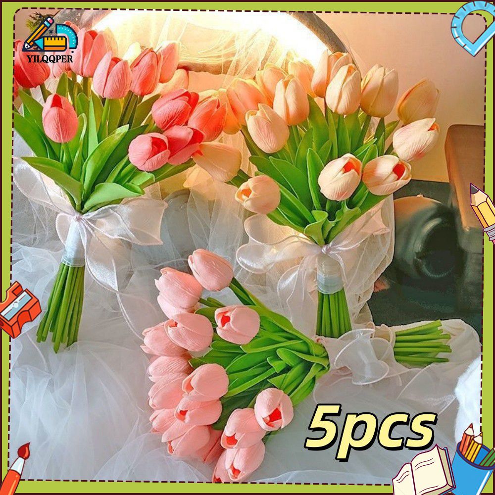 YILQQPER 5pcs Simulated tulips, fresh flowers, bouquets, wedding, living room decorations, simulated flowers, high-end and realistic decorations, fake flowers ราคา 59 บาท*ส่งฟรี
